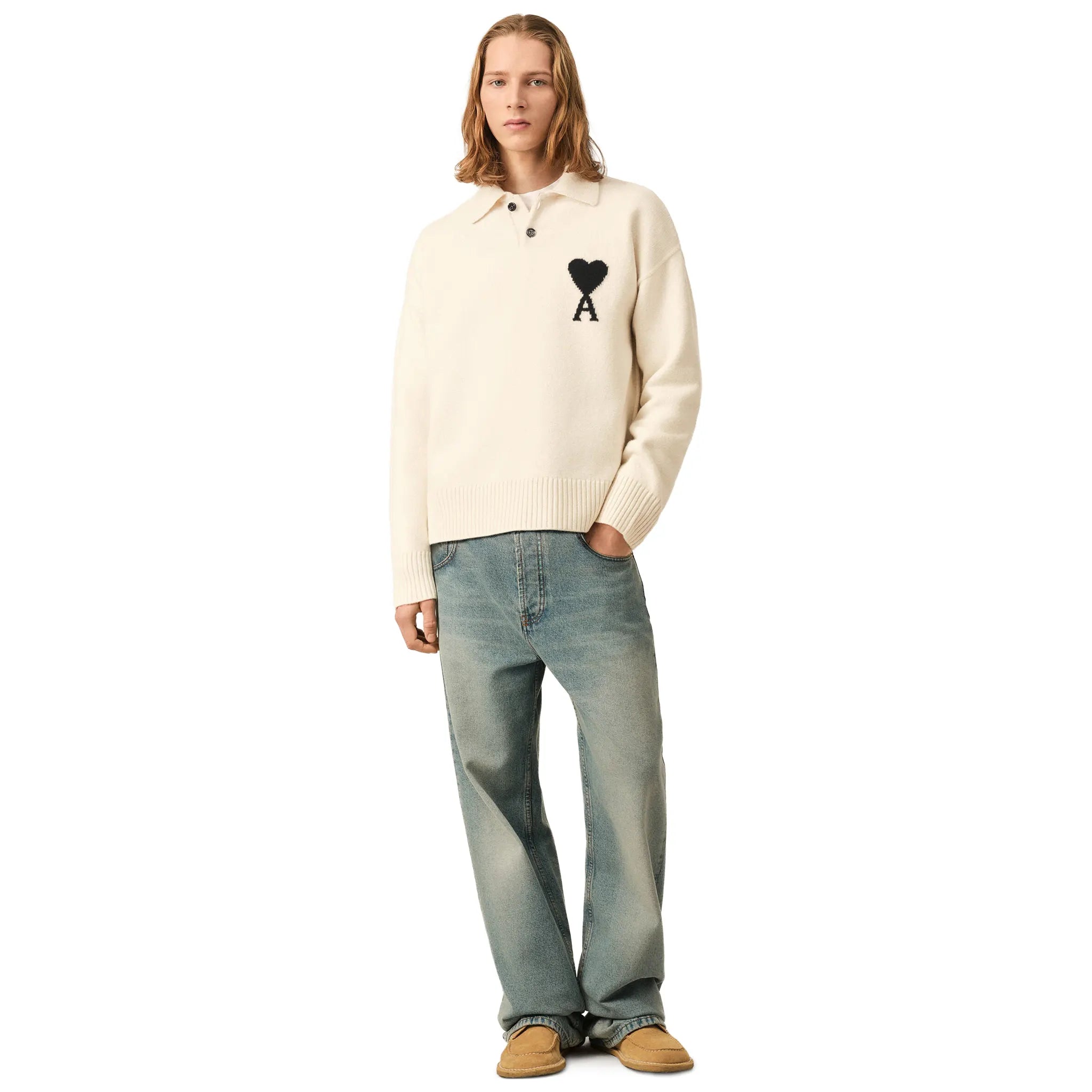 Model Front View of Ami Paris Ami De Coeur Wool Heather Off White Black Polo Sweatshirt